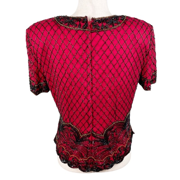 Vintage 80s Papell Boutique Evening Red Silk Beaded Top Women's Size Large - Picture 2 of 9